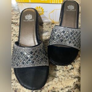 LIKE NEW Yellow Box Black w/Silver Embellished Slip on mules w/ 3” heels, SIZE 9
